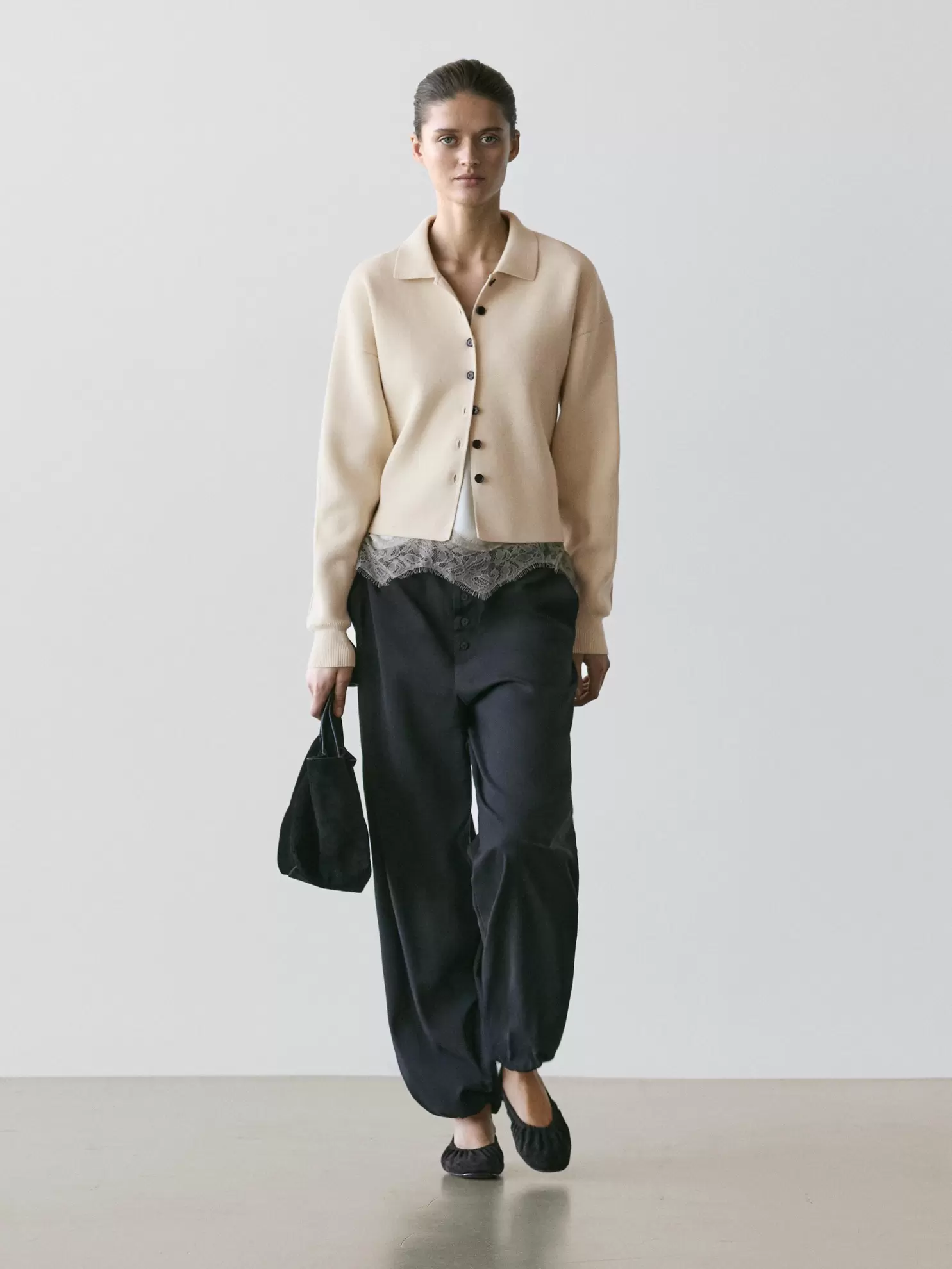 Cotton knit polo collar cardigan