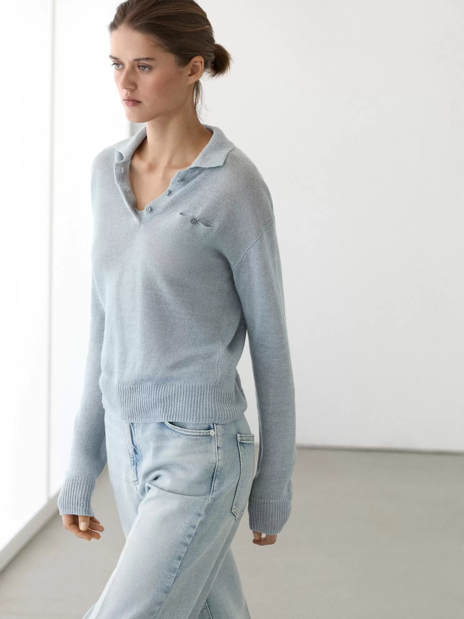 Fine linen polo collar sweater