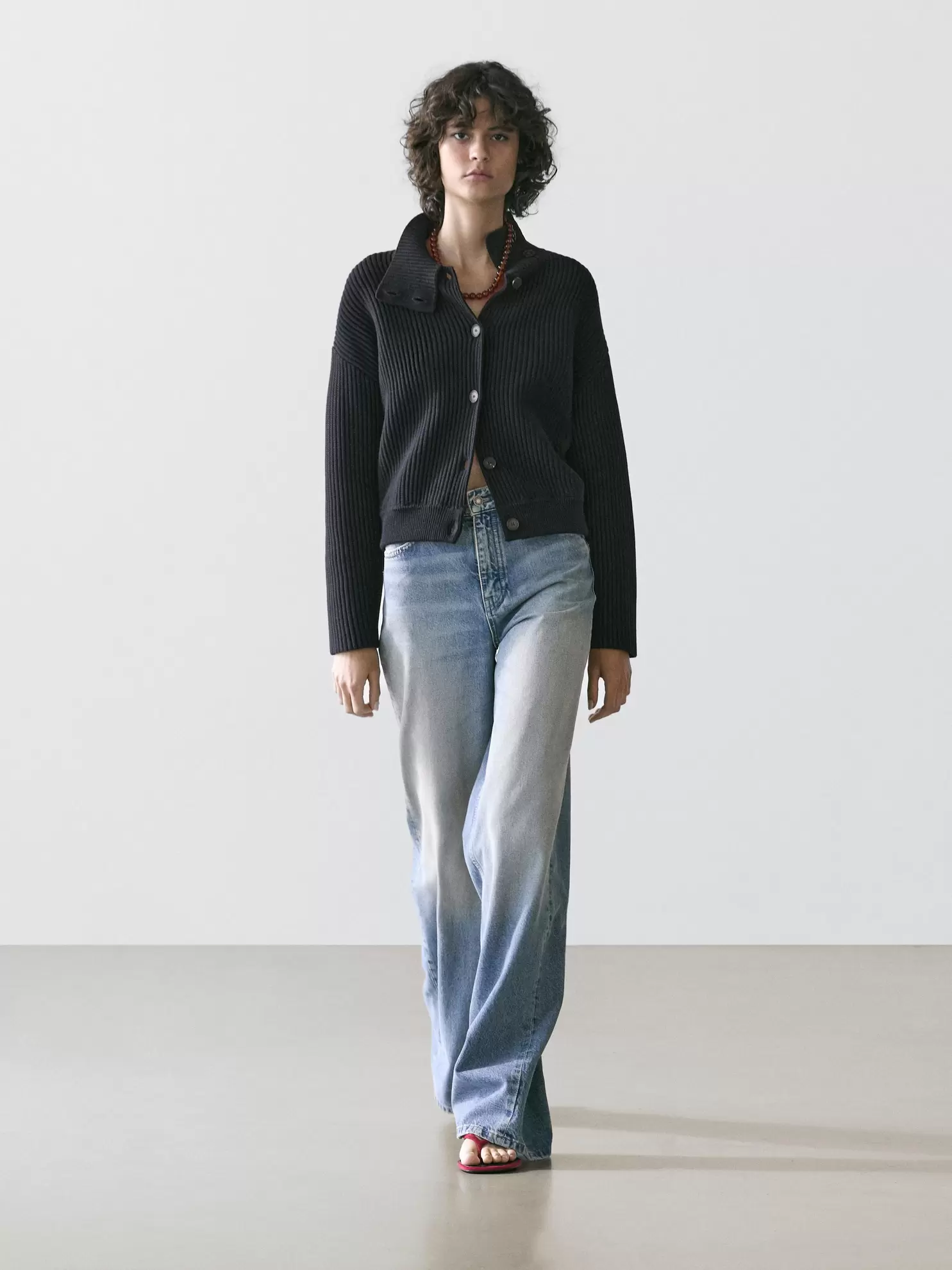 Cotton high neck knit cardigan