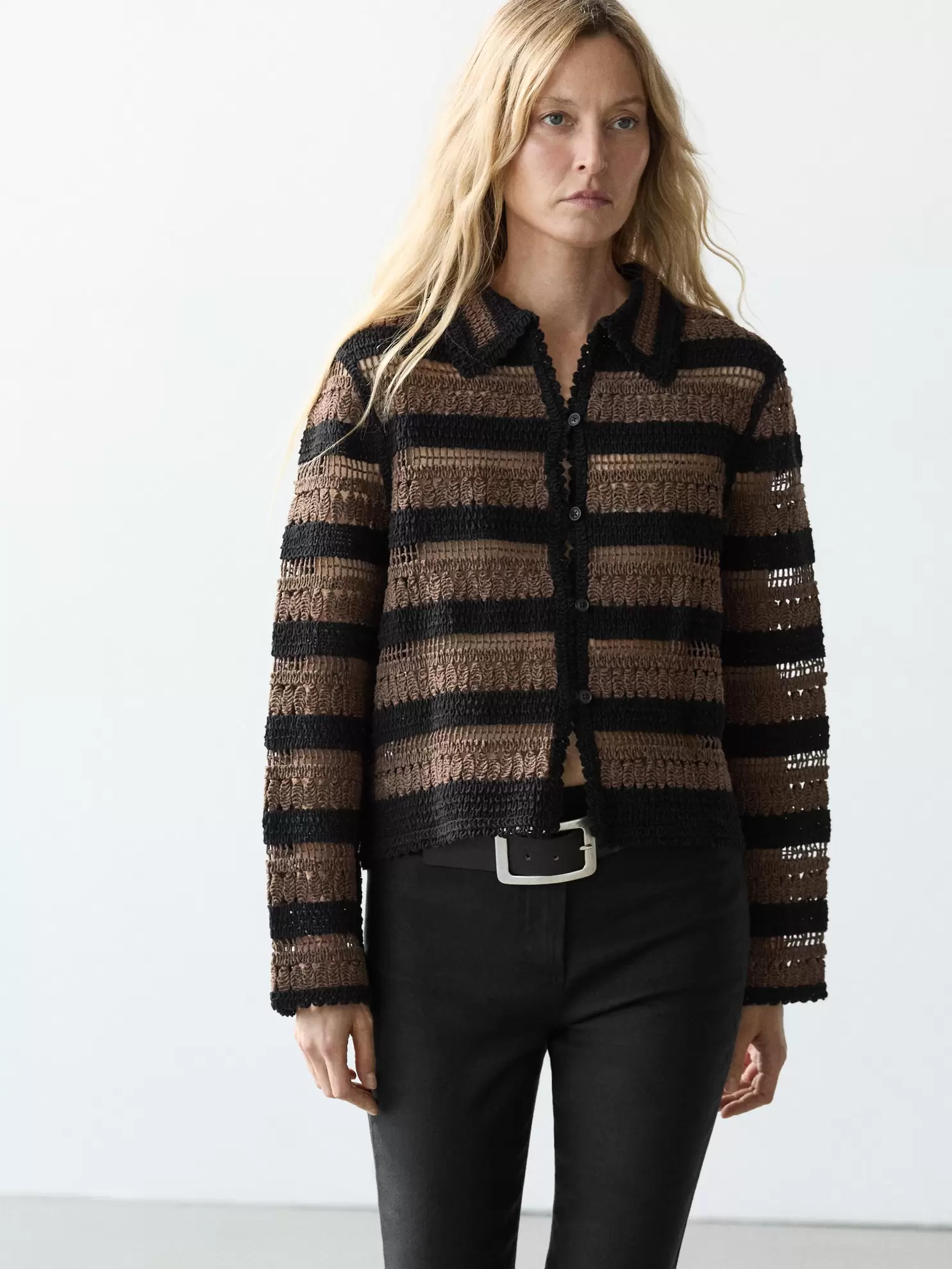 Short striped crochet knit cardigan
