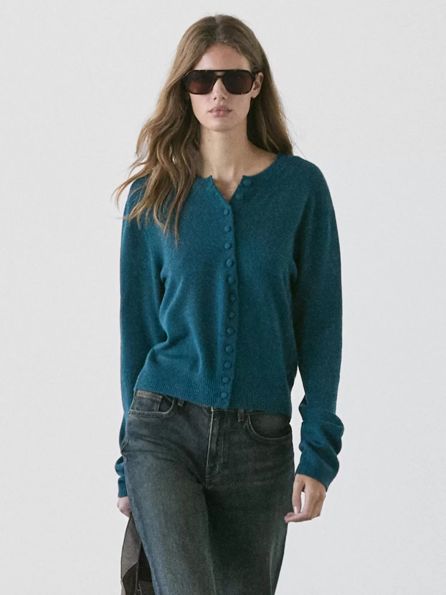 Wool knit cardigan with covered buttons