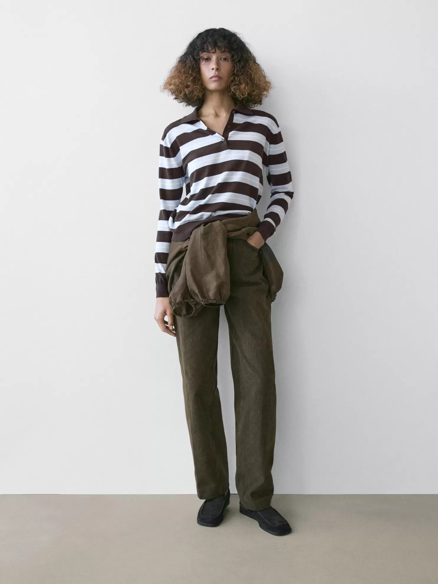 Cotton striped knit polo sweater