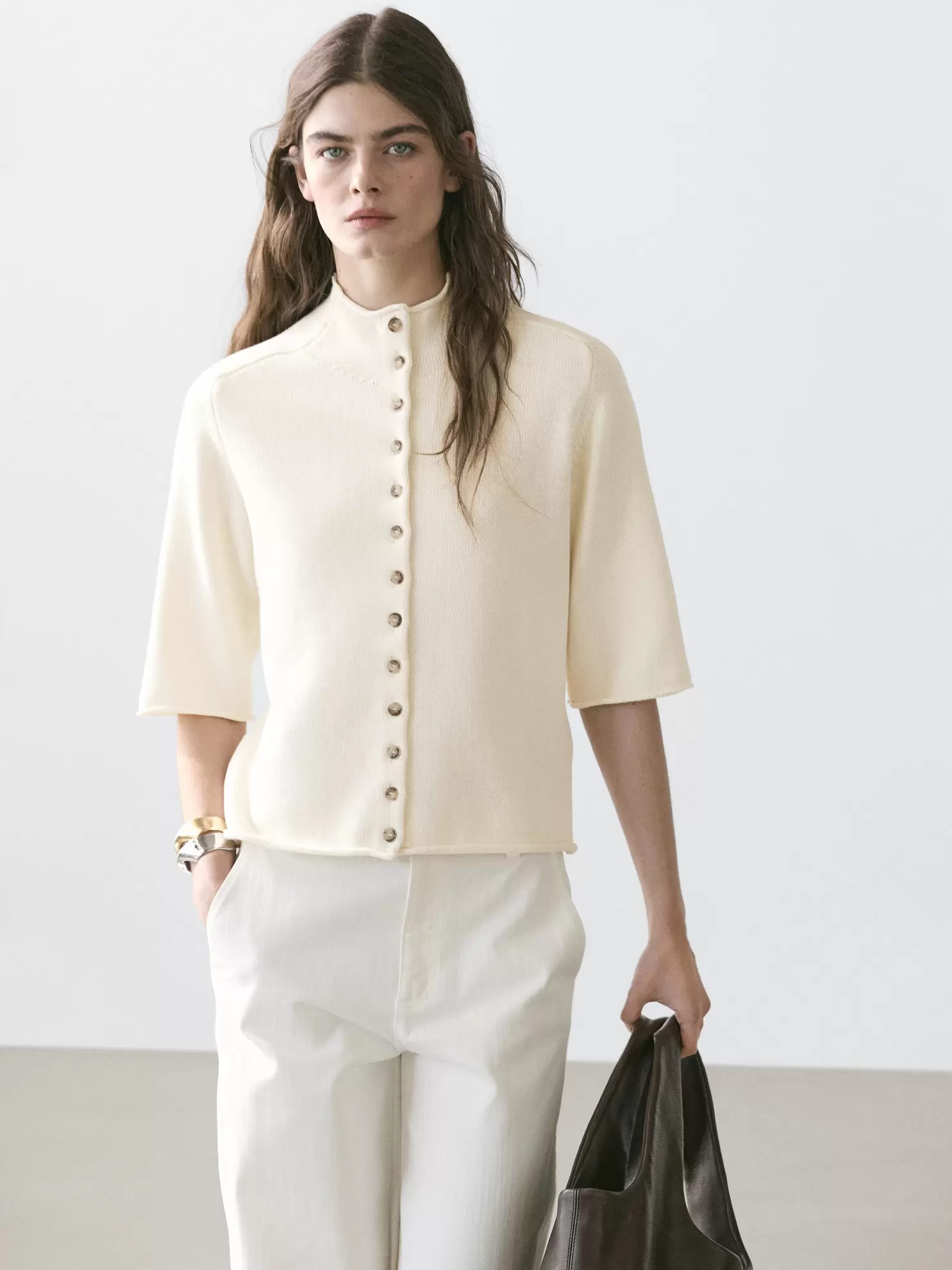 Knit cardigan with elbow-length sleeves