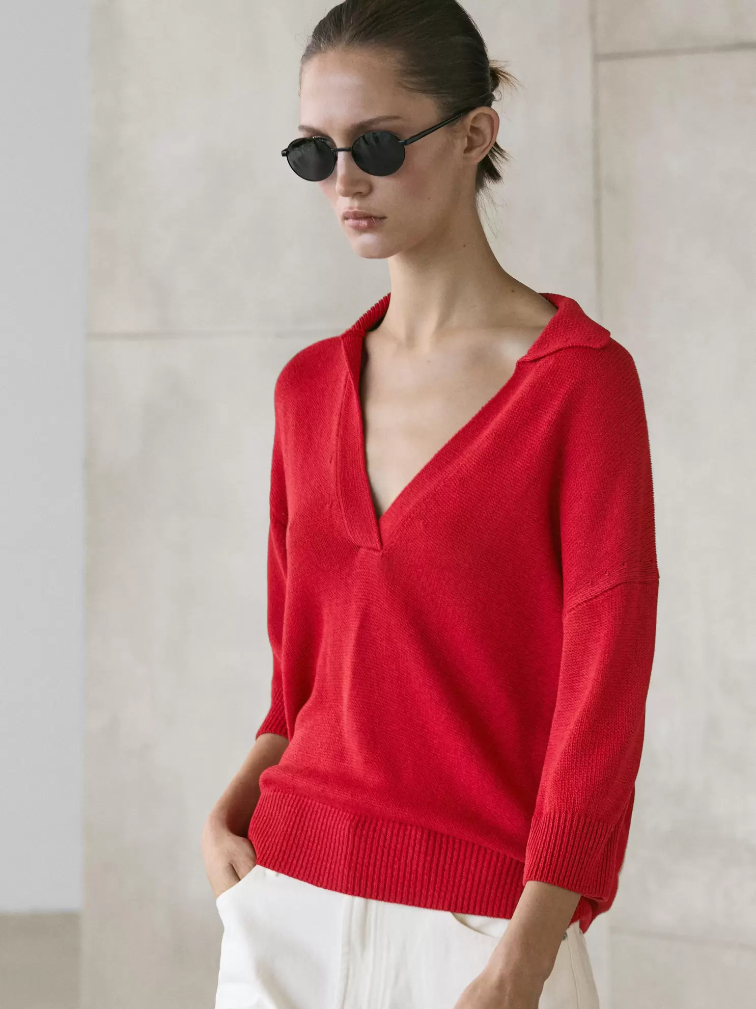 Flowing knit polo sweater