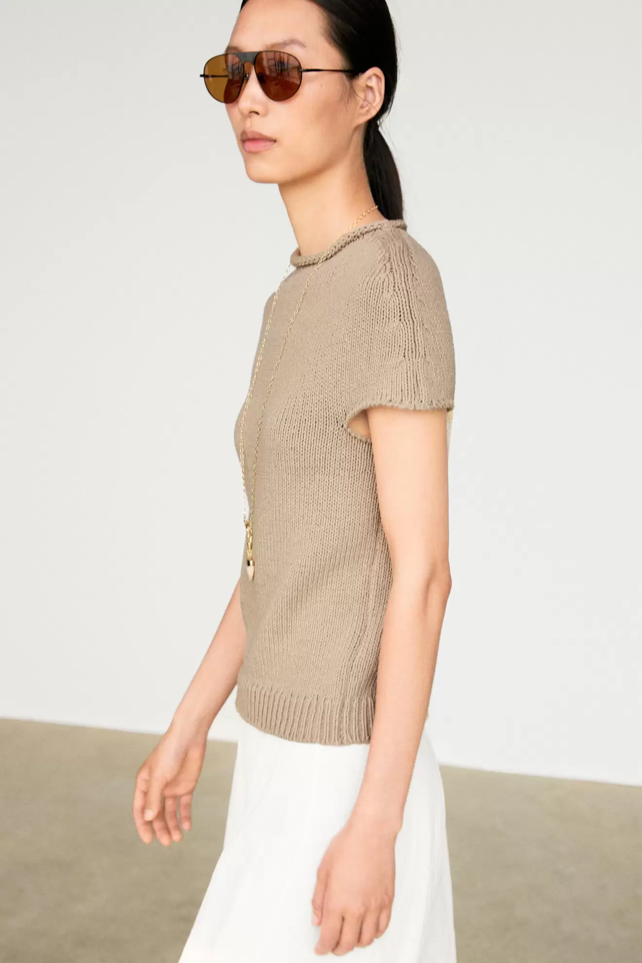 Cotton blend short sleeve rolled-neck sweater