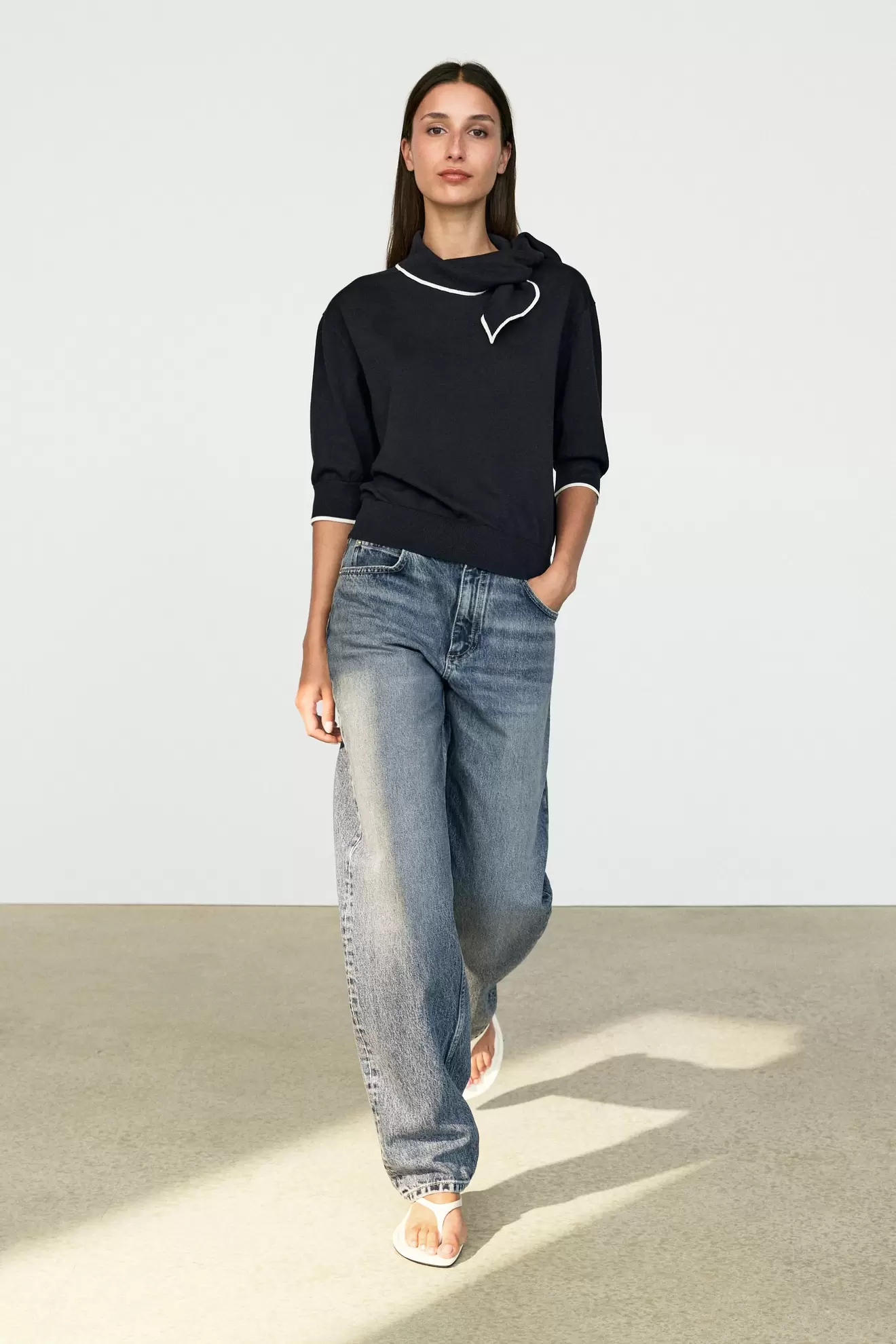 100% cotton knit sweater with scarf detail