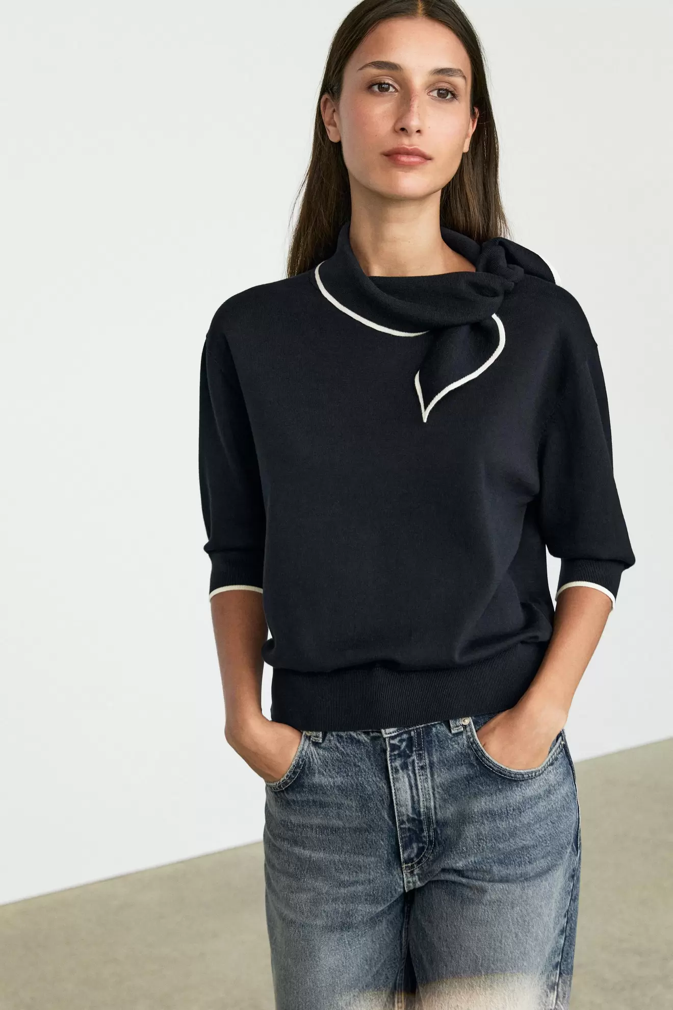 100% cotton knit sweater with scarf detail