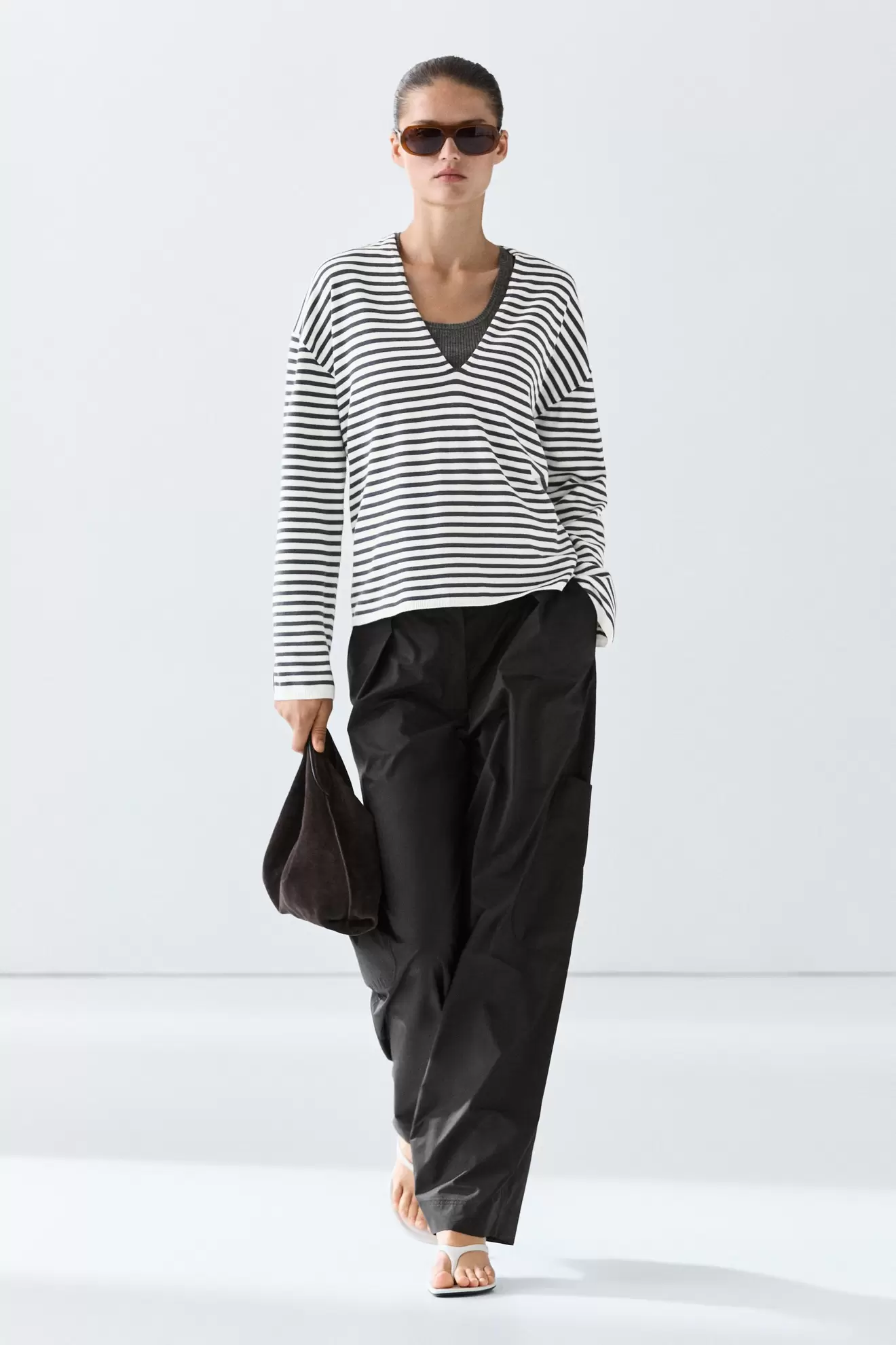 Striped V-neck knit sweater