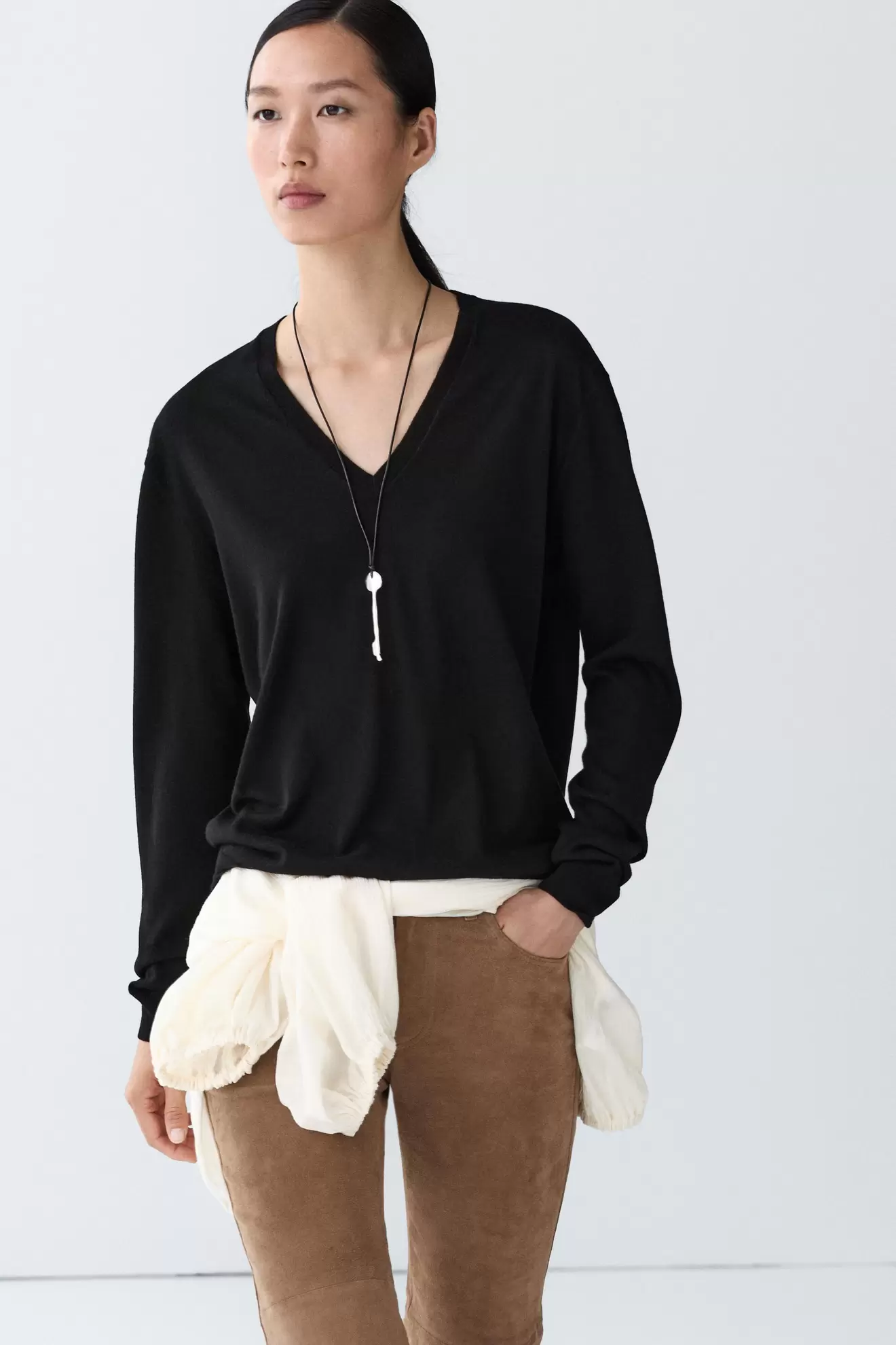Wool blend V-neck knit sweater