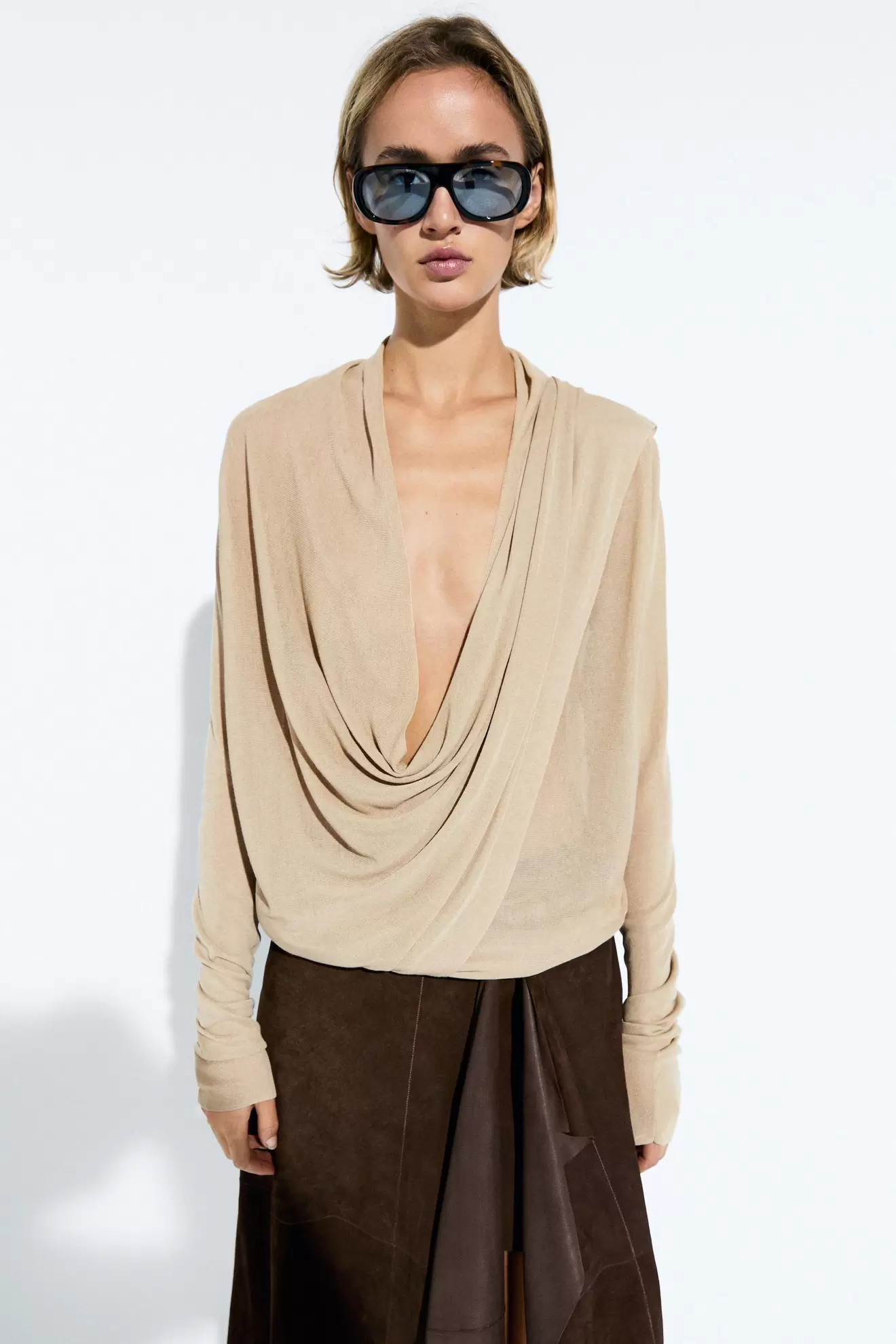 Draped wrap-effect knit cardigan