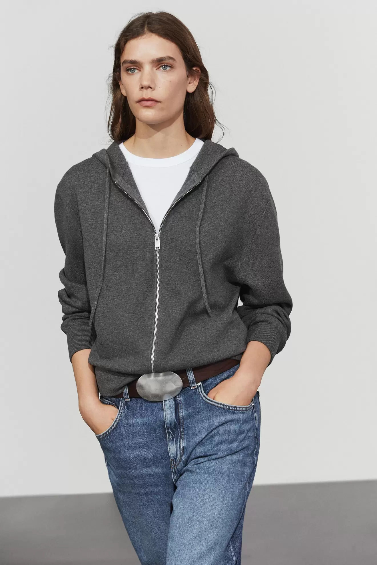 Cotton blend knit hooded cardigan