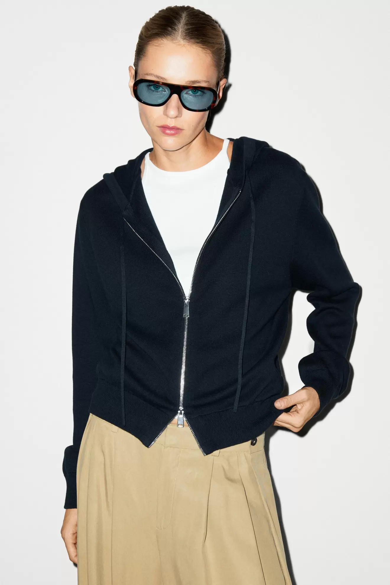 Cotton blend knit hooded cardigan