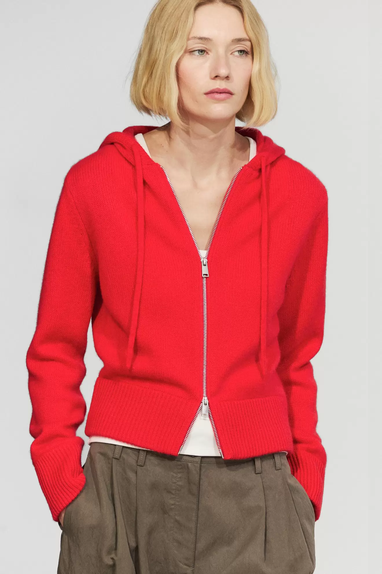 100% cashmere hooded zip-up cardigan