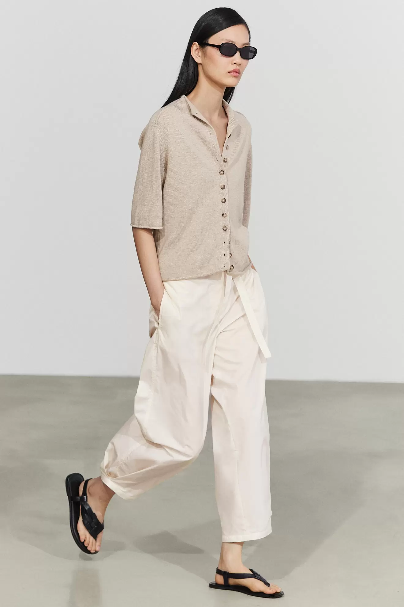 Cotton funnel neck knit cardigan