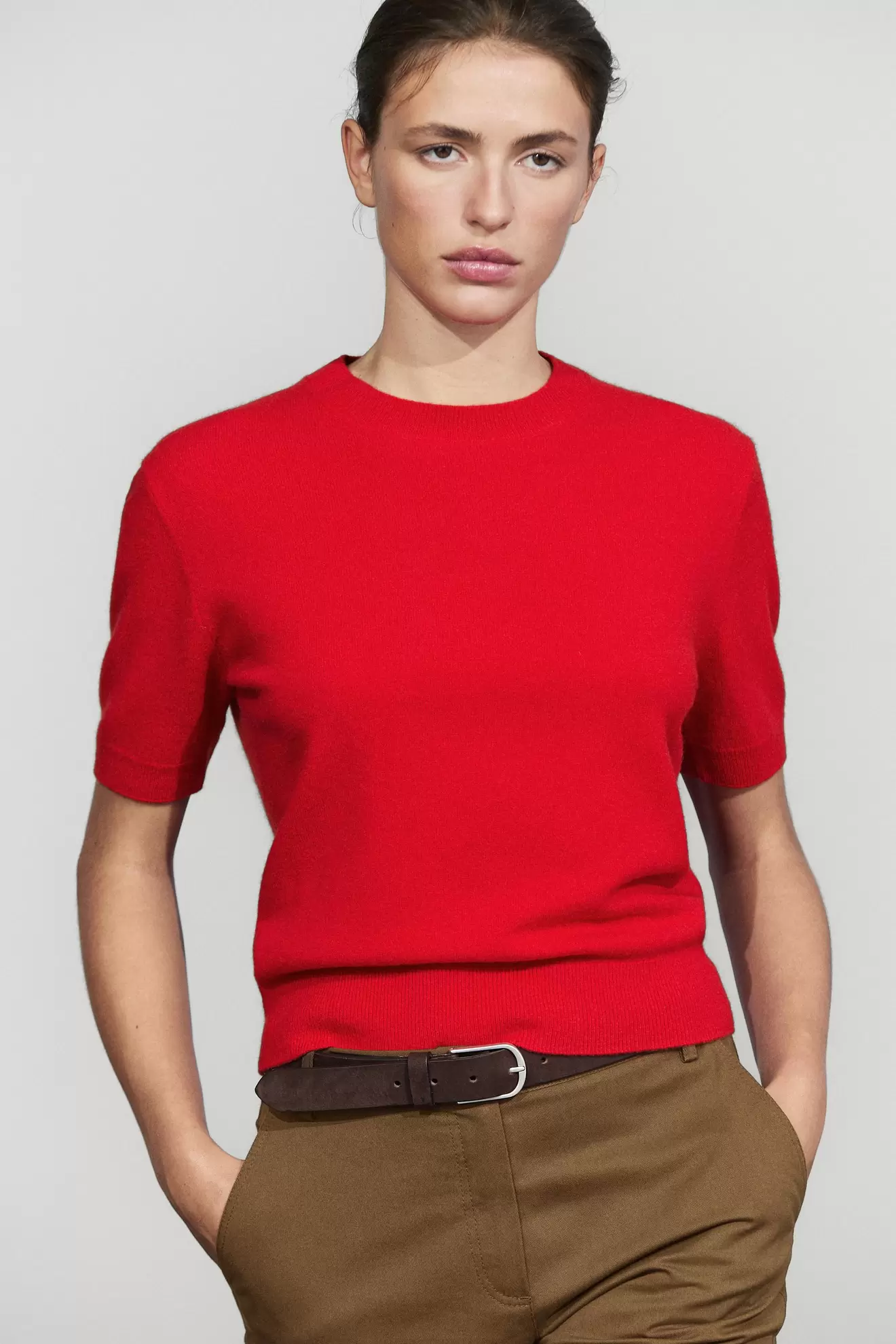 Short sleeve wool blend knit sweater