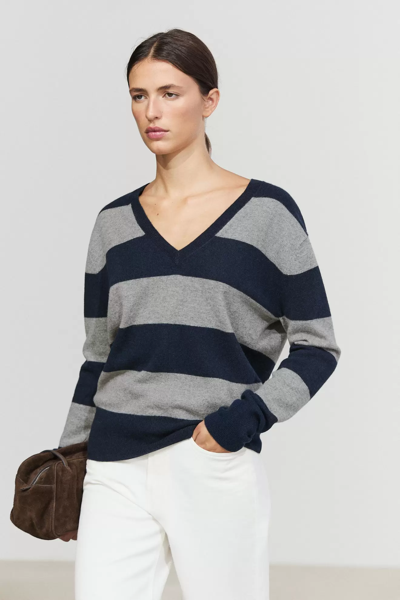 Wool and cashmere stripe V-neck knit sweater