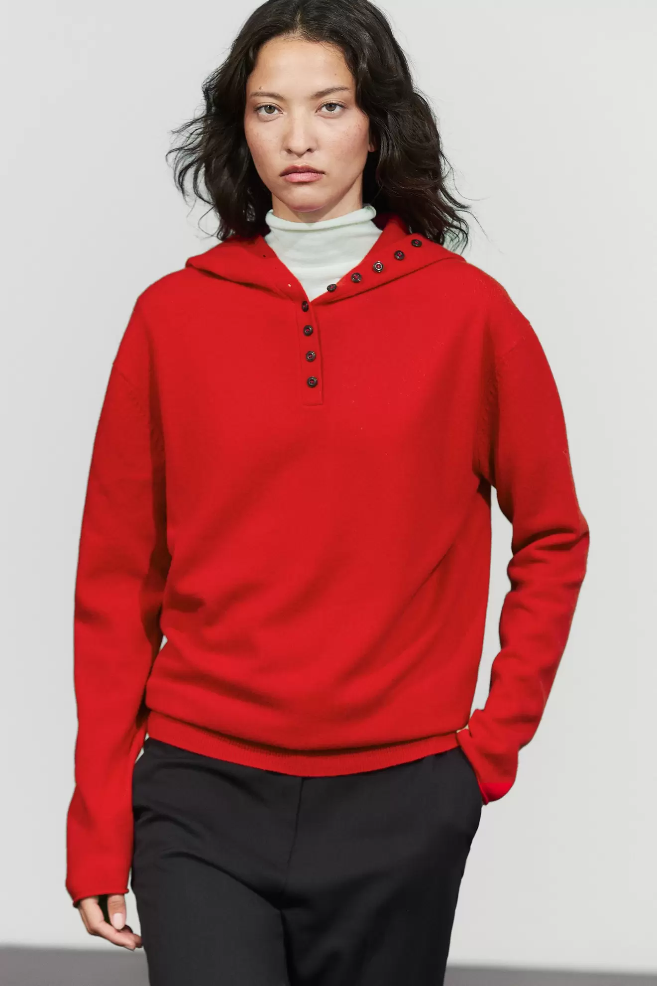 Hooded knit sweater with button detail