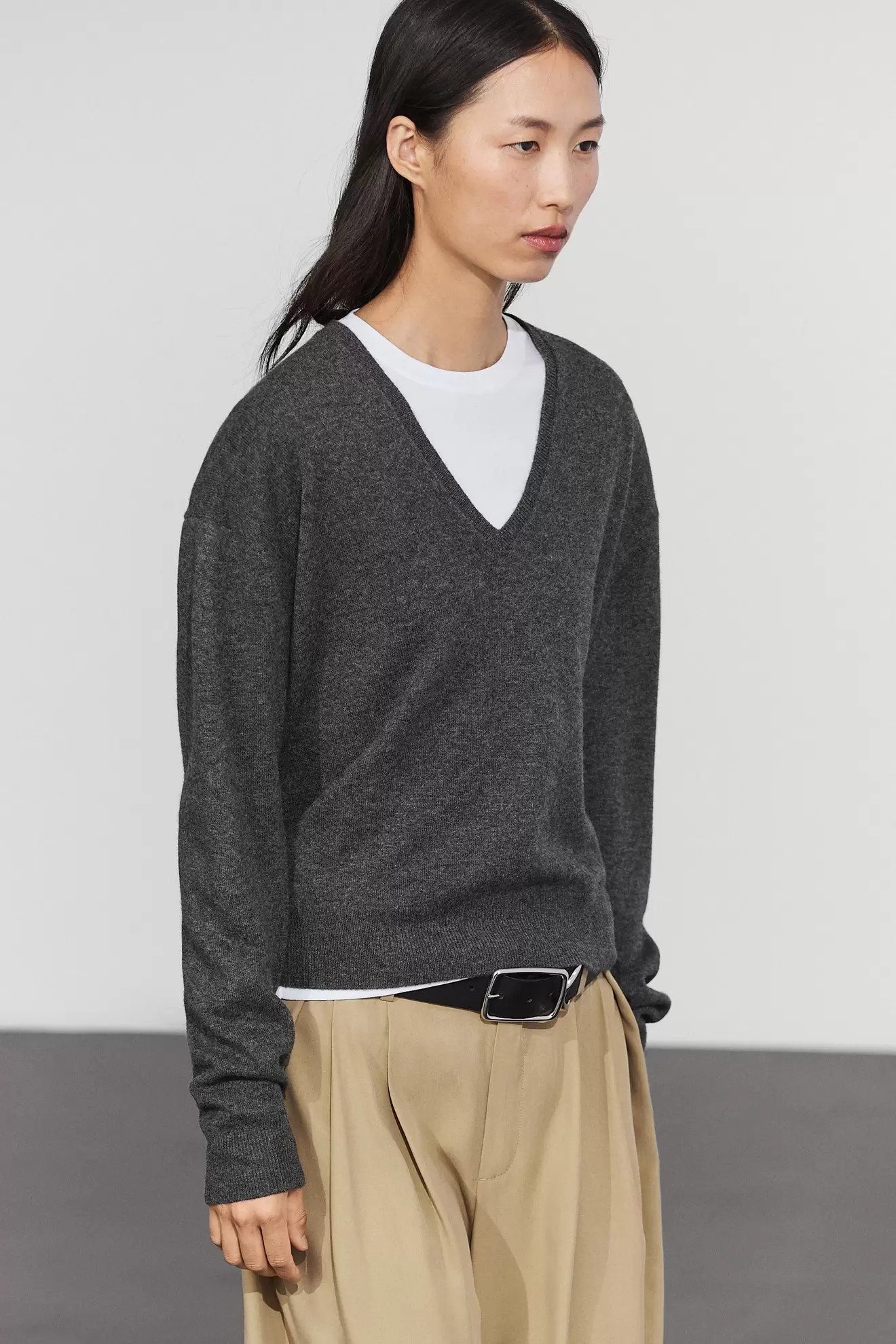 Wool blend knit V-neck sweater