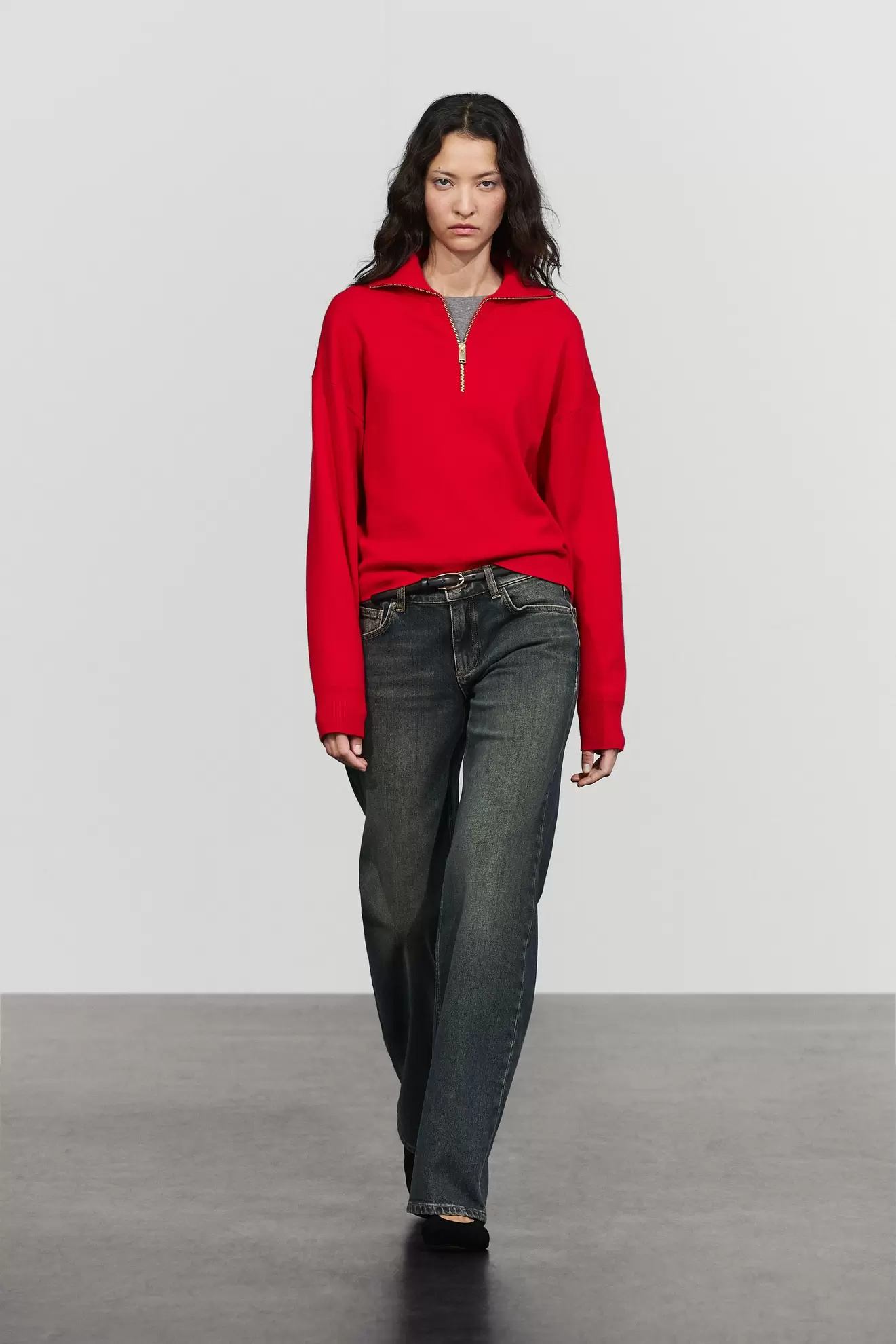 Cotton knit polo sweater with quarter-zip collar