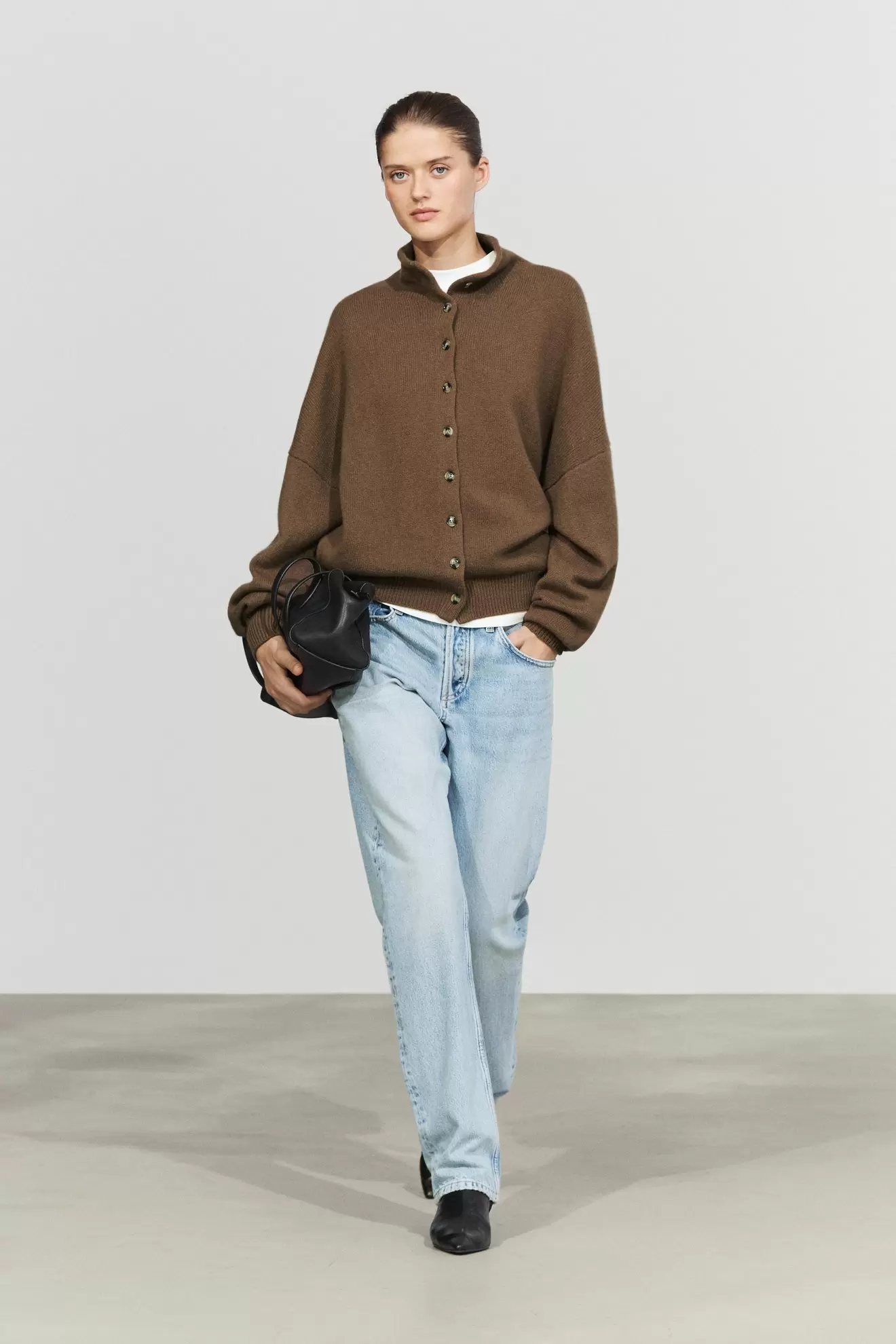 Wool and cashmere knit funnel neck cardigan