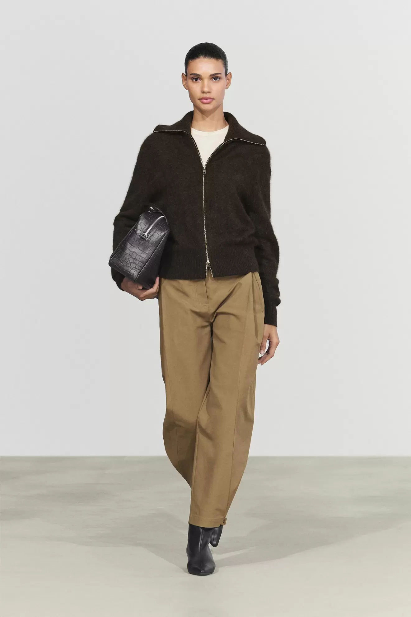 Brushed high-neck knit cardigan
