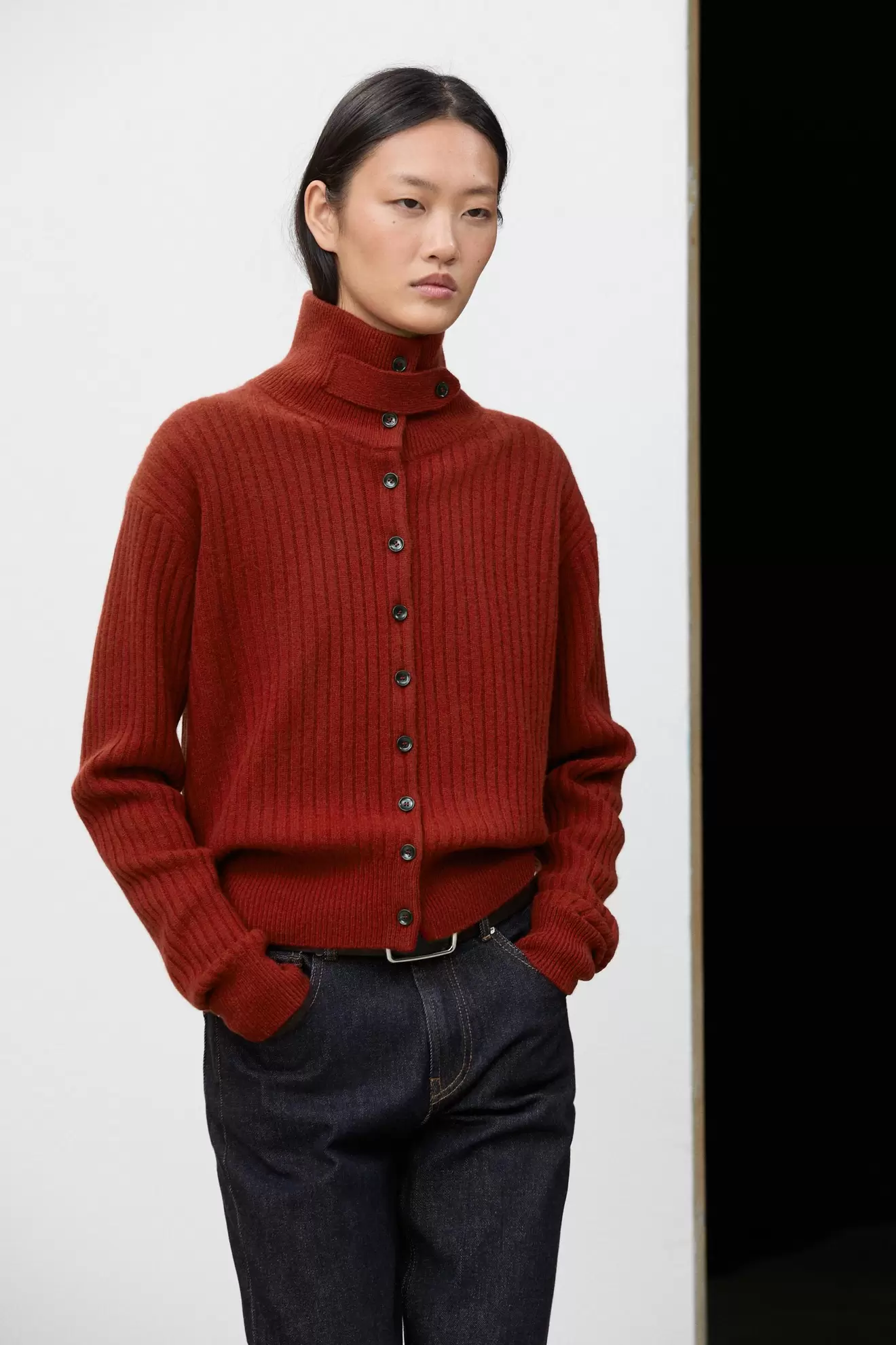 Ribbed knit cardigan with tab detail