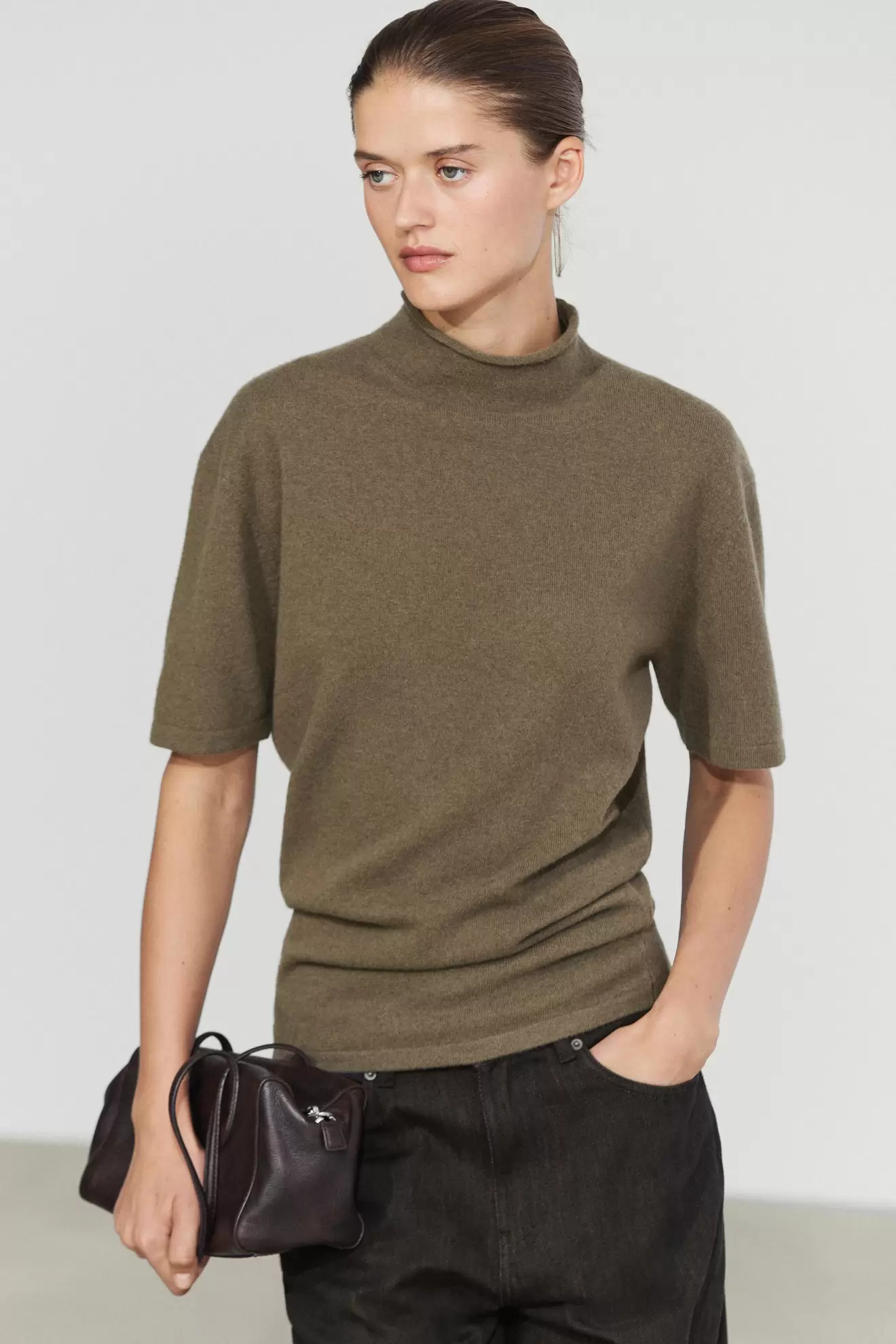Wool-blend knit mock neck sweater