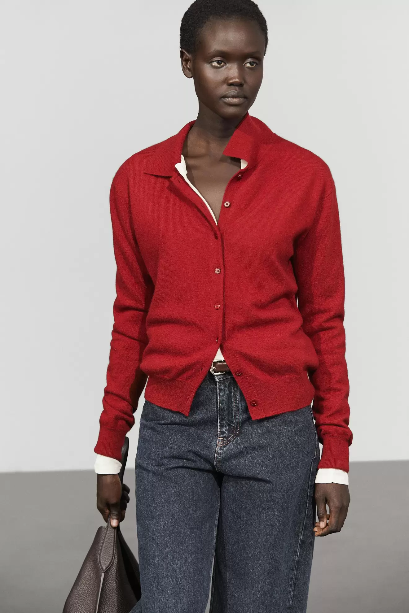 100% cashmere knit polo collar cardigan