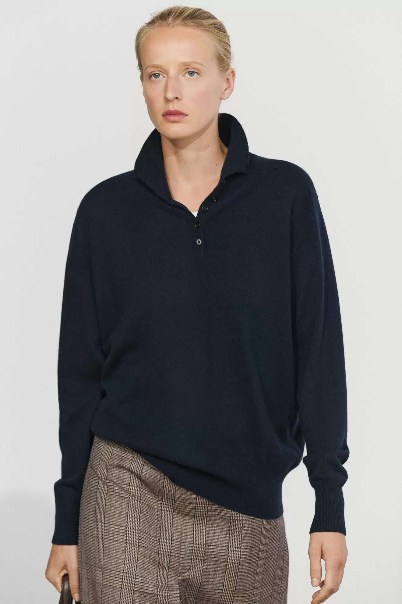 High neck knit sweater with button detail
