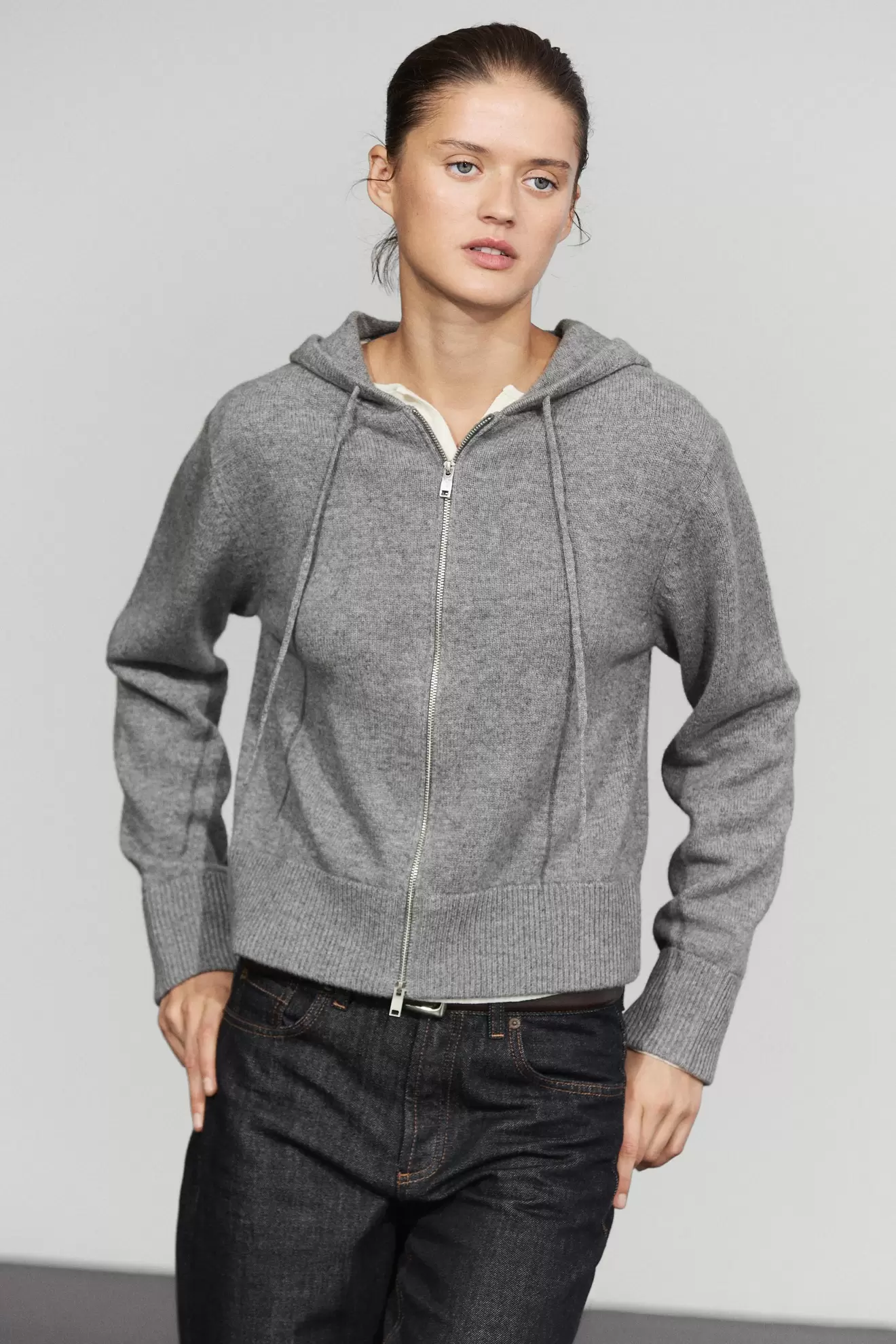 Wool blend hooded knit cardigan