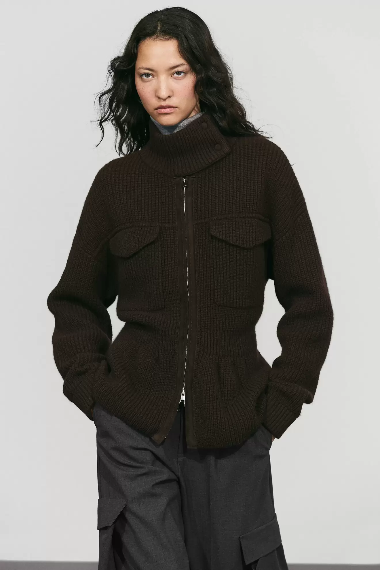 Mixed-Knit Suede Pocket Cardigan