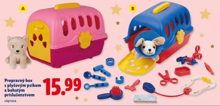 Prepravný box s plyšovým psíkom a bohatým príslušenstvom