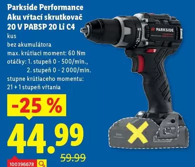 Aku vŕtací skrutkovač 20 V PABSP 20 Li C4