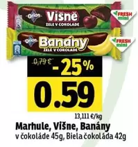 Marhule, Višne, Banány v čokoláde 45g, Biela čokoláda 42g