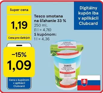 Tesco smotana na šľahanie 33 %