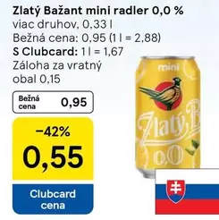 Zlatý Bažant mini radler 0,0 %