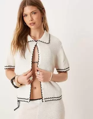 ASOS DESIGN knitted beach co ord button through top with contrast scallop stitch in cream