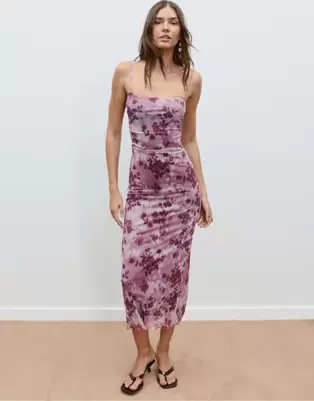Stradivarius Printed tulle midi dress in pink