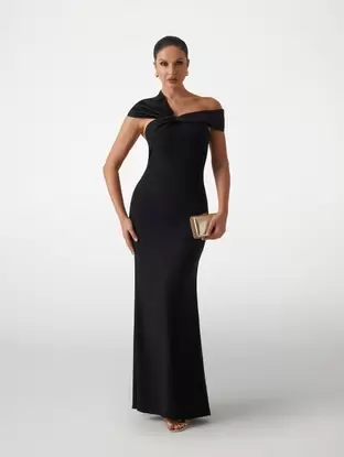 Long crêpe dress with satin trim