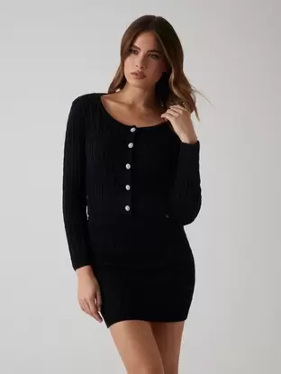 Wool-blend cable-knit cardigan sweater