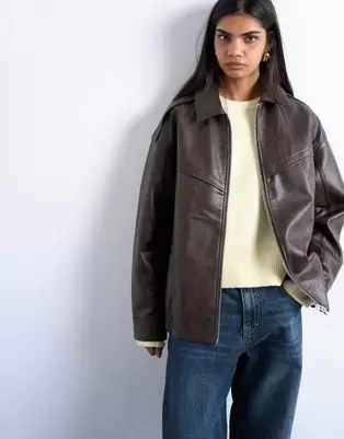 Topshop faux leather vintage wash seam detail zip thru bomber jacket in washed brown