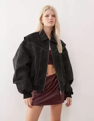 Lioness Vista leather look contrast stitch bomber jacket in black