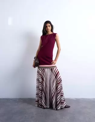 Topshop knitted stripe full skirt dress in burgundy