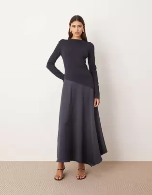ARRANGE hybrid knit maxi dress with asymmetric skirt in navy