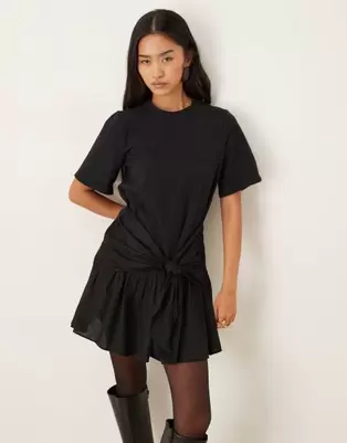 ASOS DESIGN tie front T-shirt mini dress with poplin skirt in black