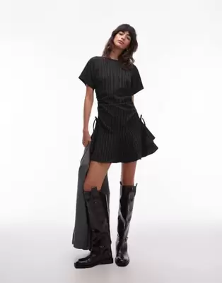 ASOS DESIGN short sleeve mini dress with ruching tie waist detail in black pinstripe