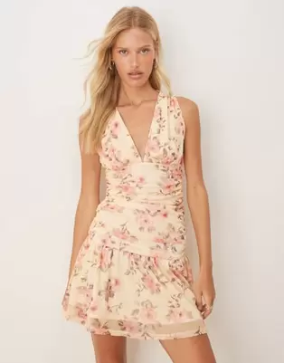 ASOS DESIGN V front ruched mini dress in vintage floral print