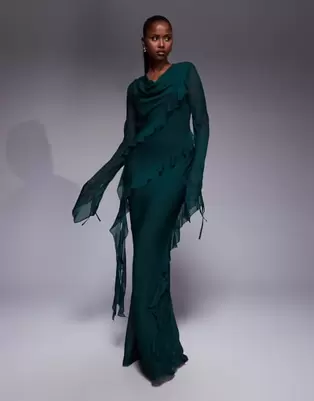 Daska chiffon ruffle maxi dress in emerald green