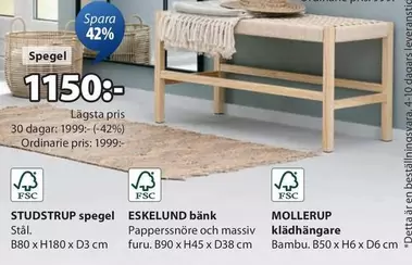 STUDSTRUP spegel, ESKELUND bänk, MOLLERUP klädhängare
