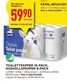 Lambi - TOALETTPAPPER 16-PACK, HUSHÅLLSPAPPER 8-PACK